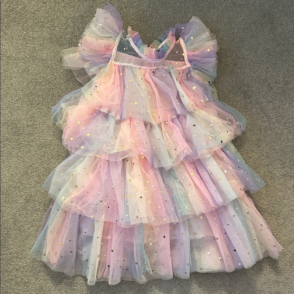 Lola + The Boys Rainbow Tulle Dress with Gold Stars